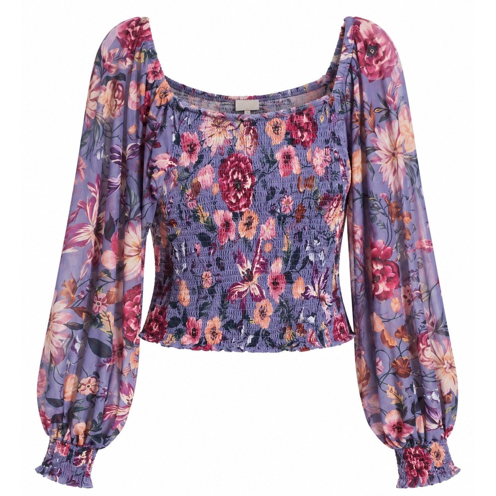 Anthropologie Floral Smocked Long Sleeve Top Purple Mesh Blouse Xl